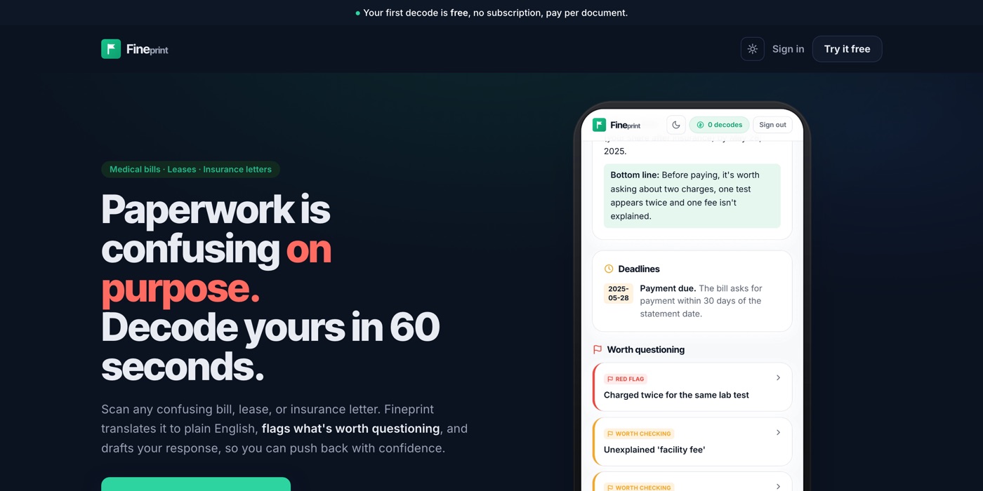 Fineprint — decodes medical bills, leases, and insurance letters into plain English